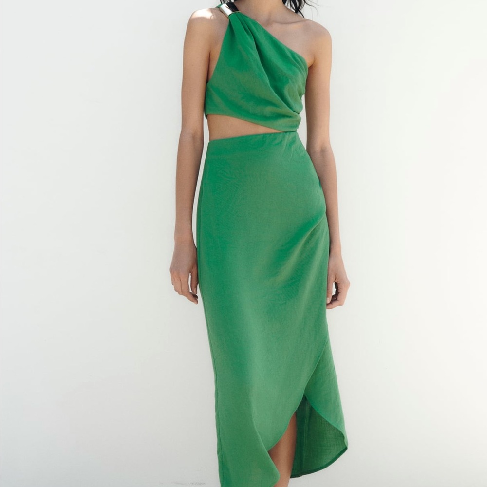 Zara one shoulder green cut out dress with gold
